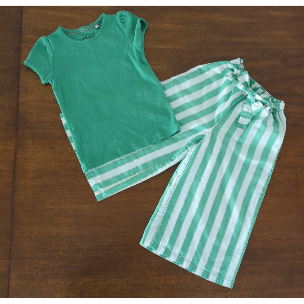 Mini Boden Girls tie waist pants and short sleeve top green set  size 6/7 EUC